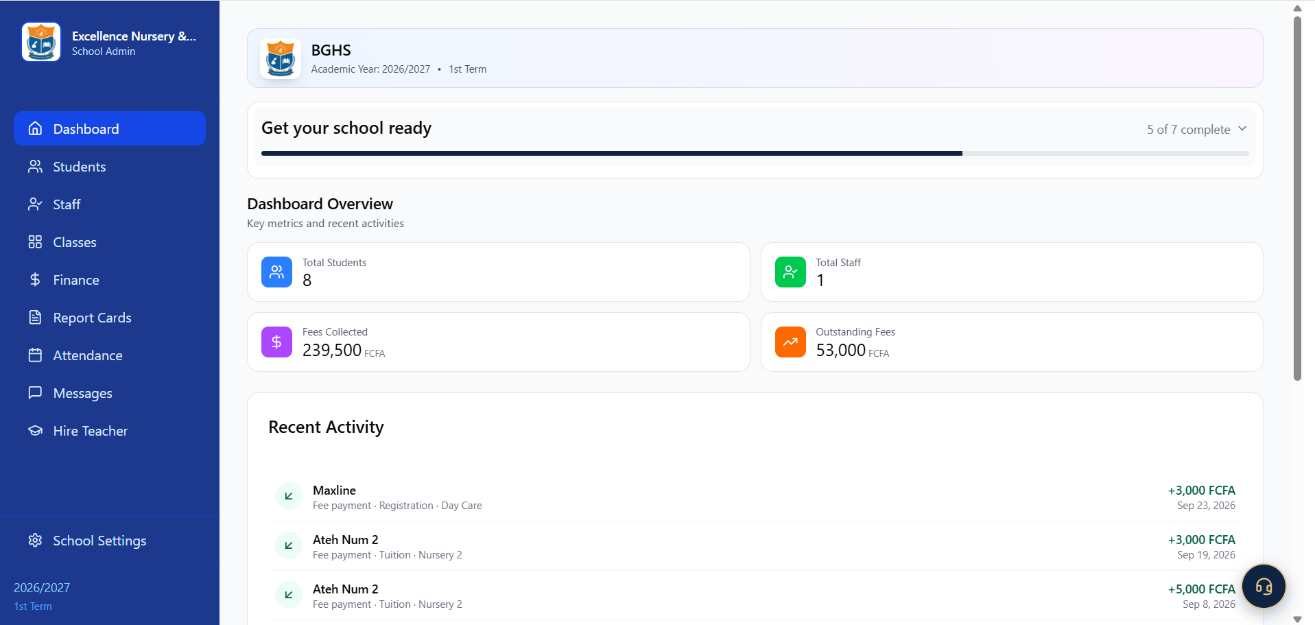 Lewa school management software dashboard on a laptop, showing pupil records, fees collected and outstanding financial sheets for a Cameroonian school